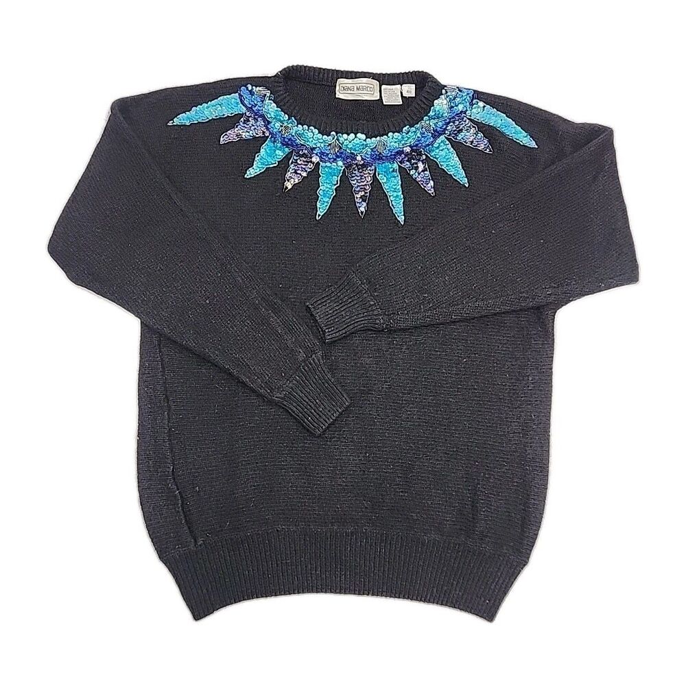 Diana Marco Sweater Black Silk Angora Blend Blue Sequin Women Sz 40 20W Vintage